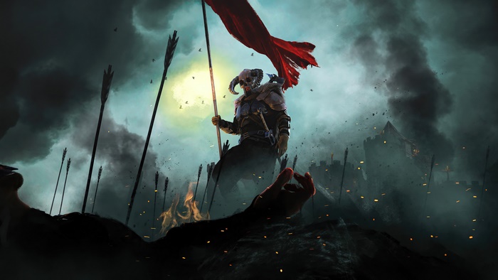 Fantasy warrior with skull helmet holding a red flag