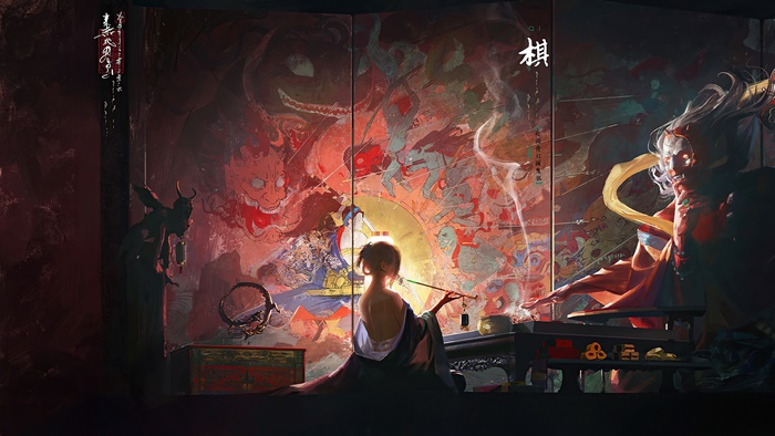Japanese demons and figures on a folding screen