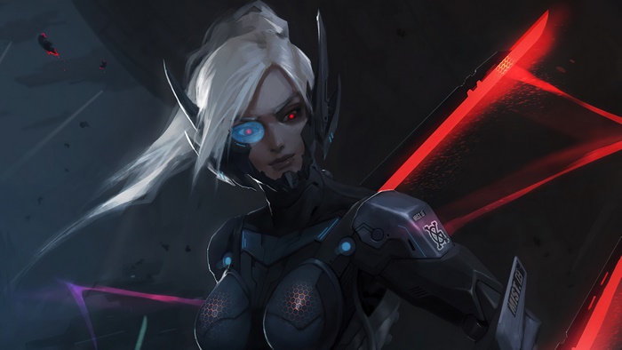 Cyberpunk sci-fi girl with red glowing swords 4K