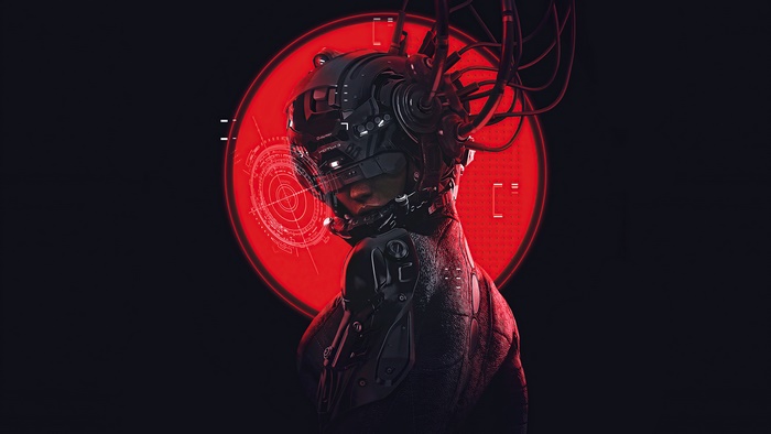 Cyberpunk Girl in Futuristic Helmet with Red Tech