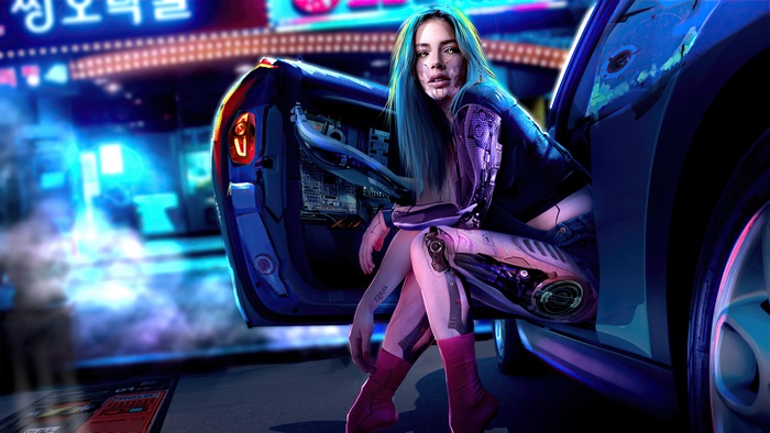 Cyberpunk girl with cybernetic legs in a car 4K