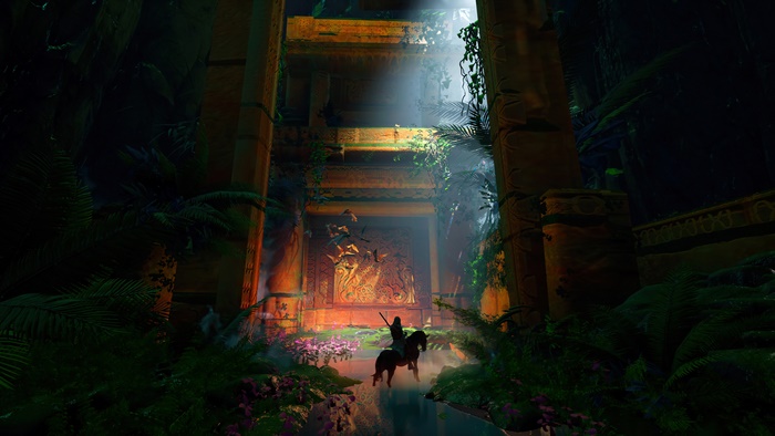 Ancient ruins in a jungle with a person on horseback
