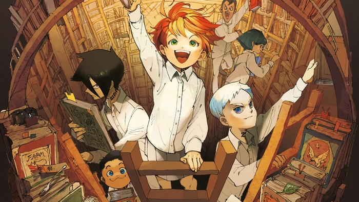 The Promised Neverland: Emma, Ray, and Norman in a Library