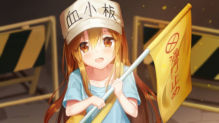 Platelet from Cells at Work! holding a flag