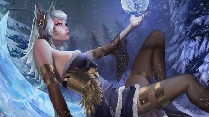 Ahri from League of Legends holding a snow globe 4K