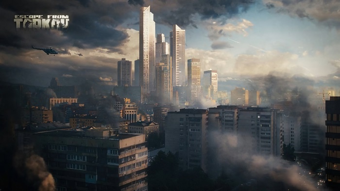 Escape From Tarkov city skyline with helicopters