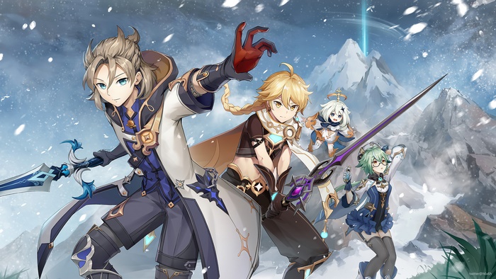 Albedo, Aether, Sucrose, and Paimon from Genshin Impact in snowy mountains