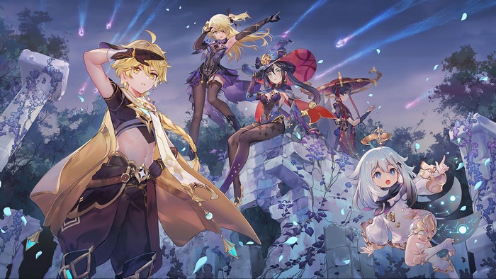 Genshin Impact: Aether, Fischl, Mona, Paimon, Scaramouche 4K