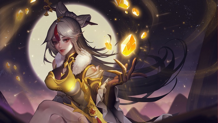 Ningguang from Genshin Impact with floating crystals