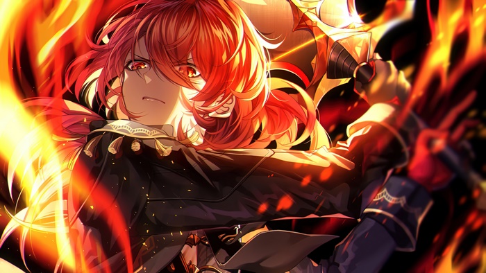Diluc from Genshin Impact in Fiery Battle Pose