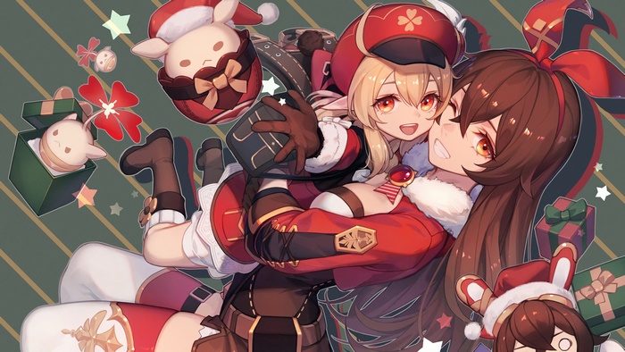 Amber and Klee from Genshin Impact celebrating Christmas