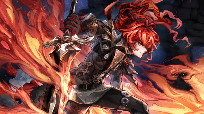 Diluc from Genshin Impact wielding a fiery weapon