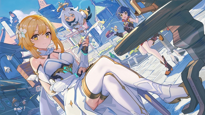 Lumine, Paimon, and Xiangling from Genshin Impact in 4K
