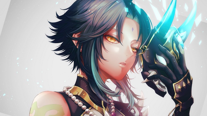 Xiao from Genshin Impact holding a mask