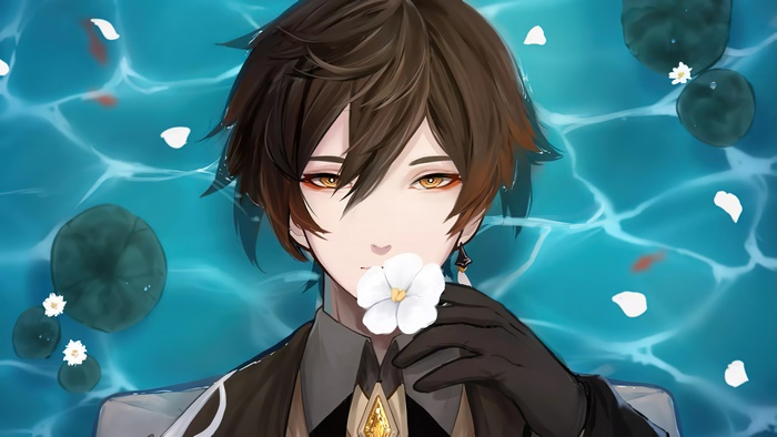 Zhongli from Genshin Impact in water with flowers