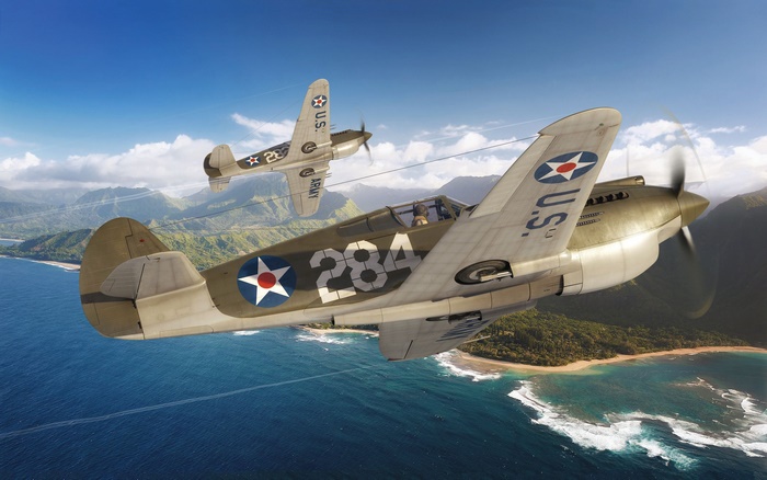 Curtiss P-40 Warhawk airplanes flying over tropical coast