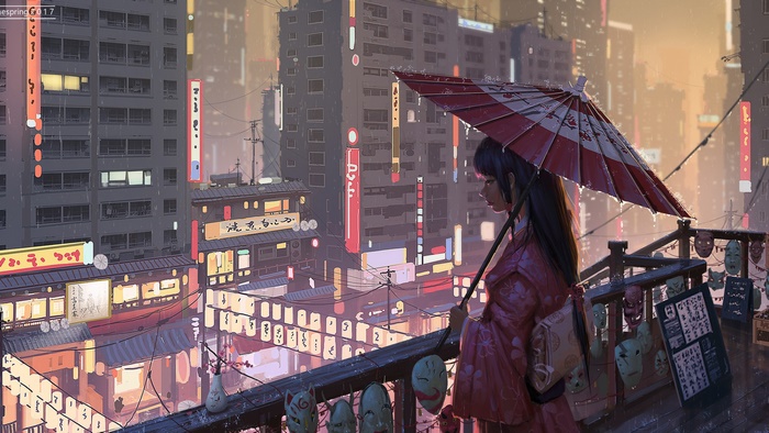 Girl with umbrella admiring a rainy cyberpunk city