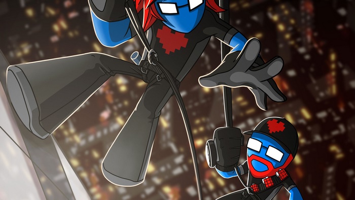Monstercat characters rappelling down a city at night