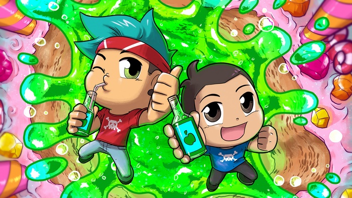 Monstercat characters drinking green liquid