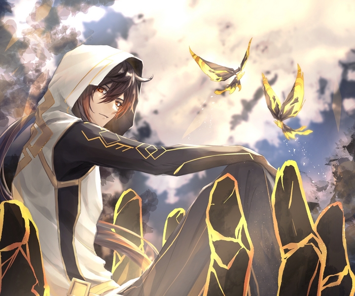Zhongli with butterflies in Genshin Impact