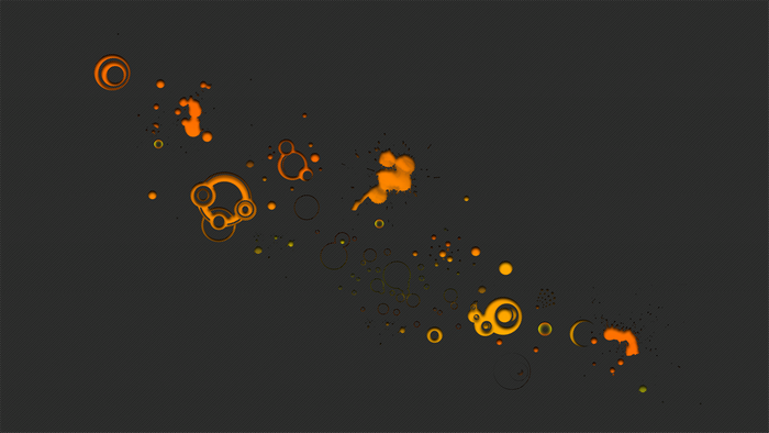 Orange abstract shapes and splatters on dark background