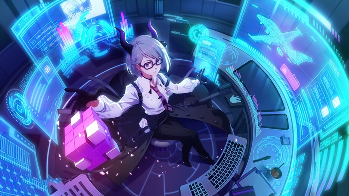 Anime Girl with Horns and Glasses in Futuristic Tech Environment