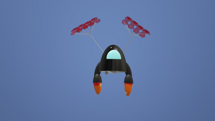 3D render of a black spaceship with red solar panels