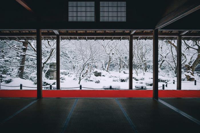 Snowy Japanese Garden View from Traditional Room