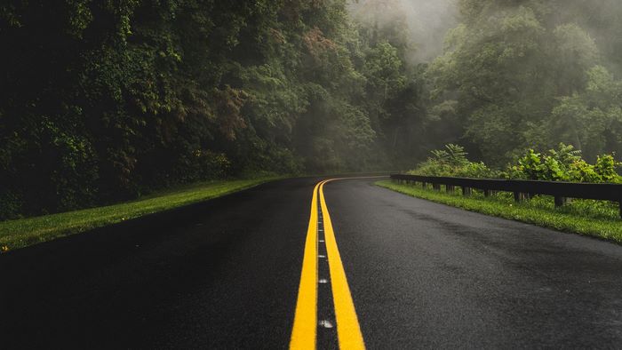 Winding road through a misty forest