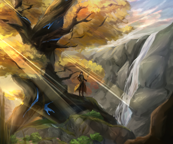 Zhongli in a scenic waterfall landscape