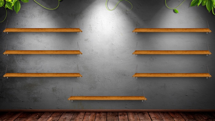Wooden shelves on a textured wall