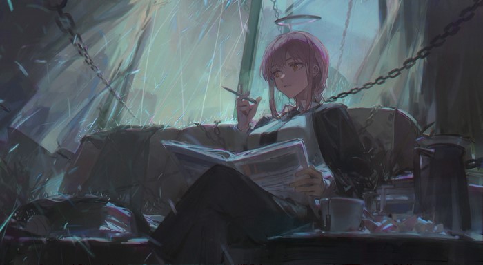 Makima from Chainsaw Man reading a newspaper