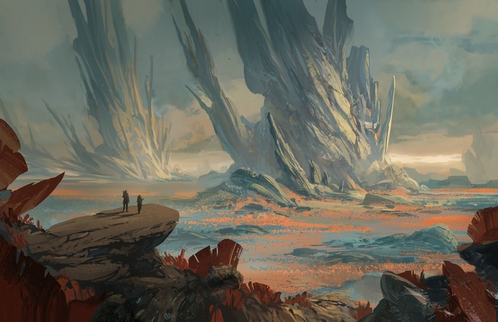 Fantasy landscape with two figures on a rock