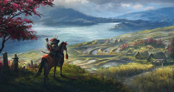 Samurai on horseback overlooking a village and lake