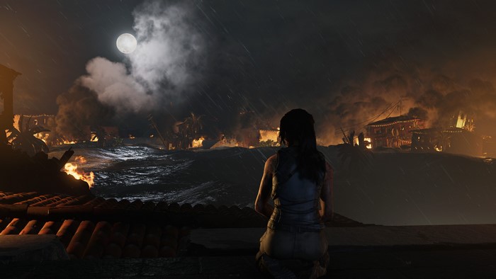 Lara Croft in Shadow of the Tomb Raider during a storm