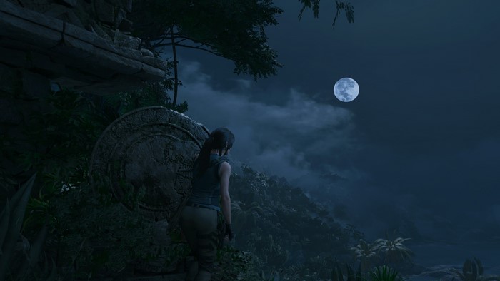 Lara Croft from Shadow of the Tomb Raider in moonlight