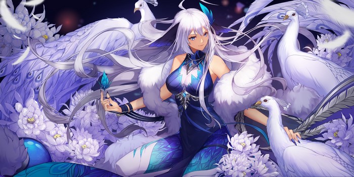 Anime girl with white hair and peacocks