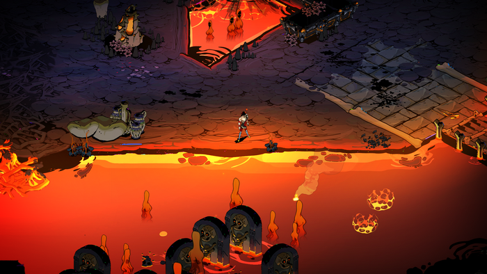 Zagreus from Hades in a lava-filled area