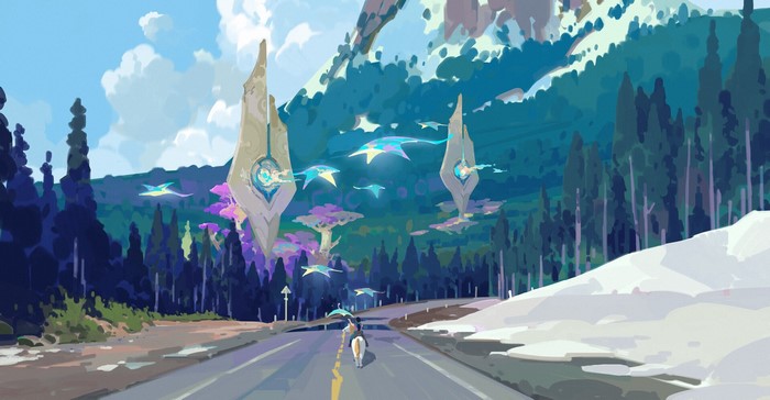 Fantasy landscape with alien structures and flying creatures