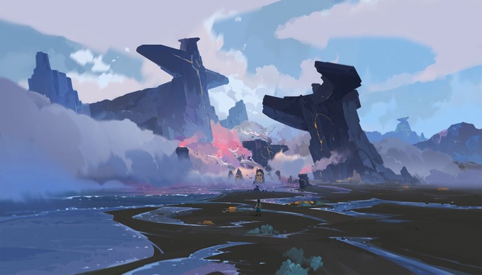 Fantasy landscape with ancient ruins and birds