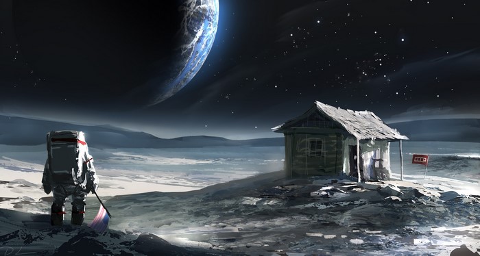 Astronaut on Moon with Earth and USSR Flag