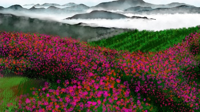 Digital painting of a mountain landscape with flowers