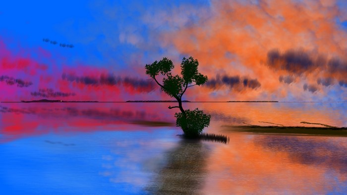 Digital painting of a lone tree in a lake at sunset