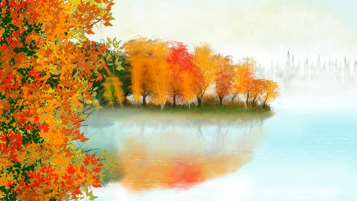 Digital painting of an autumn landscape with trees and a lake