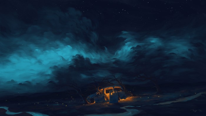 Abandoned car at night with glowing lights and clouds