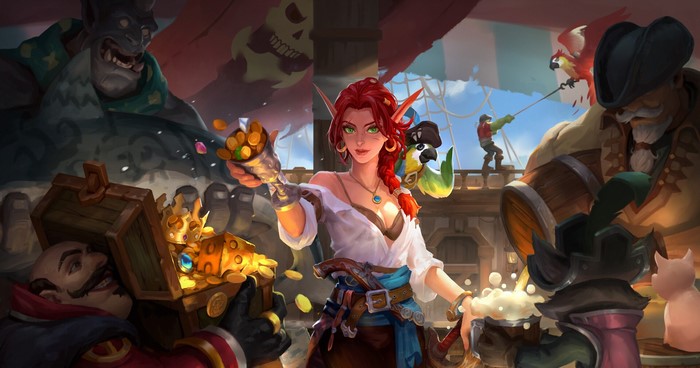 Pirate Elf Woman with Treasure and Crew