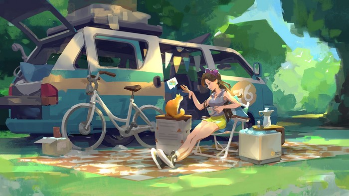Woman and cat camping with van and bicycle