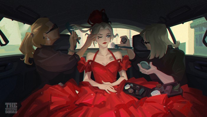 Harley Quinn from The Suicide Squad getting makeup done in a car