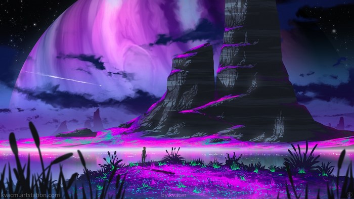 Alien Landscape with Giant Planet and Figure