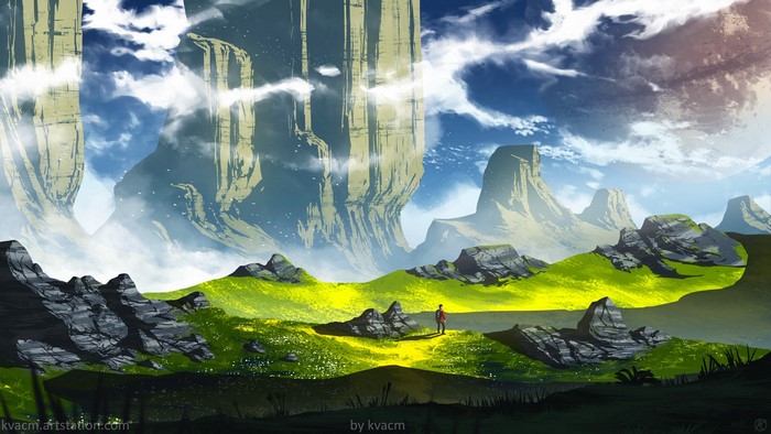 Fantasy landscape with giant rock formations and a lone traveler